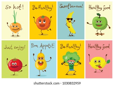 Set of cartoon cards with healthy food characters vector illustrations with emotions