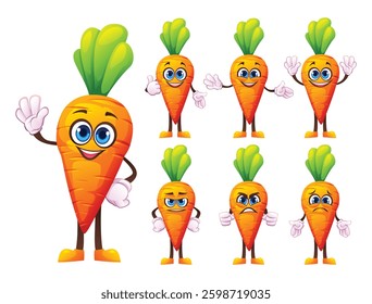 Set of cartoon carrot characters displaying different emotions and hand gestures. Vector illustration