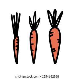 Set cartoon carrots isolated on white background.Desing for children book, t shirt print, cup,postcard, invitation, playing child.Ingredient design menu cafe and restaurant.Cartoon doodle illustration