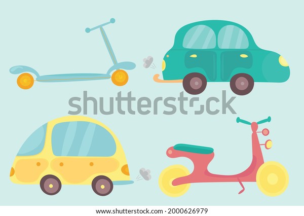 set of cartoon cars. car, motorcycle,\
scooter. vector. childrens\
illustration
