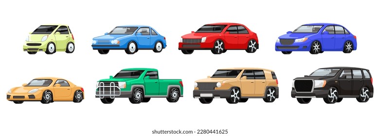 Conjunto de caricaturas aisladas en fondo blanco. Vehículos planos con discos de plata y neumáticos negros. Coloridos colores del cuerpo pintan los iconos del automóvil vista lateral. Graciosos juguetes de auto. Ilustración del vector