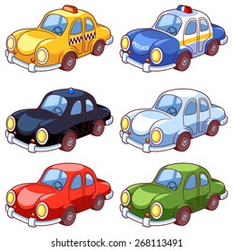 Set of cartoon cars on a white background. Police car, taxi and different color cars. Vector clip-art illustration on a white background.