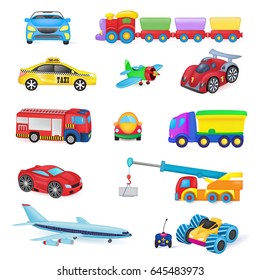 Set Of Cartoon Cars On A White Background.Children's Train. Car. Fire Engine. Taxi. Aircraft. Crane