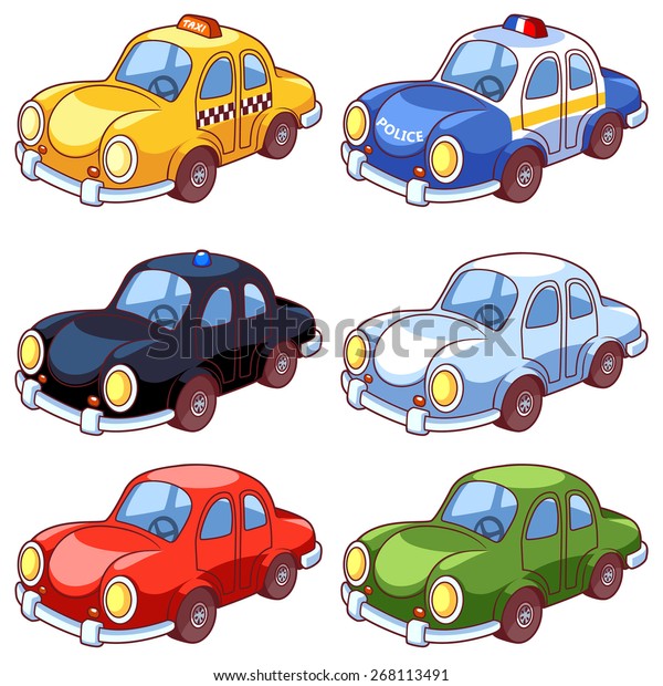 Set of cartoon cars on a white background.\
Police car, taxi and different color cars. Vector clip-art\
illustration on a white\
background.