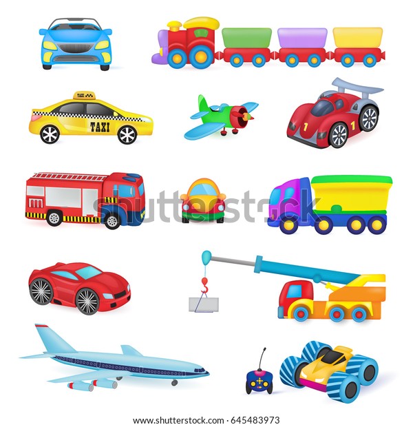 Set of cartoon cars on a\
white background.Children\'s train. Car. Fire engine. Taxi.\
Aircraft. Crane