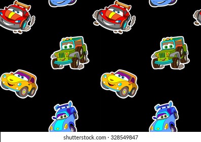 Set of Cartoon cars stickers for boys.Vector illustration of doodle cars for scrapbook.Transportation Applique Background.Funny seamless pattern with smile cars. Comic characters pattern for textile.