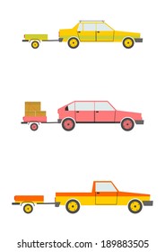 Set of cartoon cars with trailers isolated on a white background. Vector 