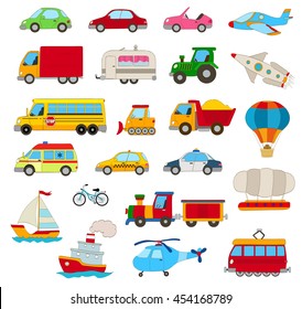 set of cartoon cars, vehicles, other transportation on white. vector illustration