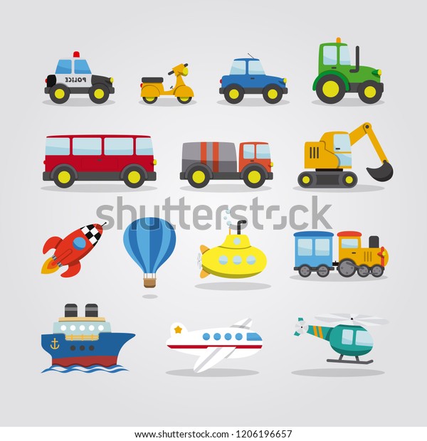 Set of cartoon cars, vehicles,\
other transportation on white. vector illustration. Flat\
style