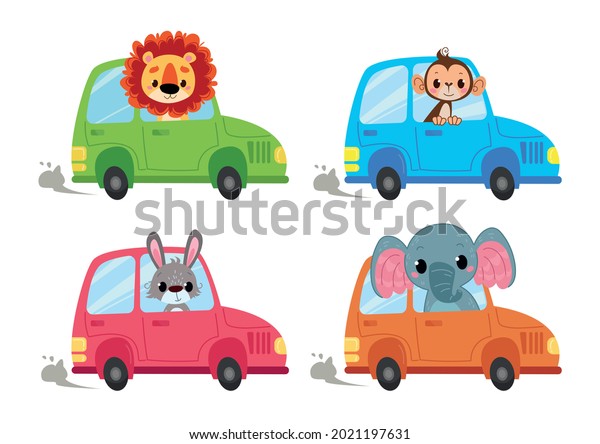 A set of\
cartoon cars in which animal drivers sit. Monkey, lion, hare and\
elephant go on a journey. Vector transport isolate in children s\
style. Funny animals look out of the\
car
