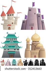 Set of cartoon castles on white background in 3 versions: One with gradients, other without gradients, and still other with silhouettes. 