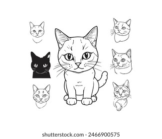 Conjunto de dibujos animados de gato o gatito. Animales bebés en dibujo en línea. Ilustración vectorial aislada sobre fondo blanco.