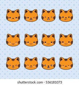Set of Cartoon cat stickers. Funny and kawaii smiles, emoji, expressions, emoticons. Vector illustration.