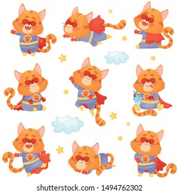 Set of cartoon cat in a superhero costume. Vector illustration on a white background.