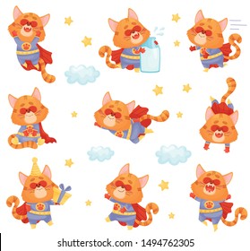 Set of cartoon cat superhero. Vector illustration on a white background.