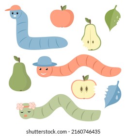 Coloca la oruga de dibujos animados con peras, manzanas y hojas. Caracteres divertidos. Ilustración del vector 
