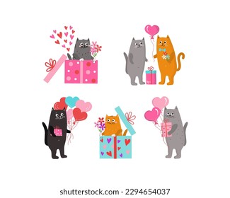 Set of cartoon cats. Cats with balloons, flowers, hearts, gifts. Birthday, wedding, Valentine's Day greetings. Balloon in the shape of a heart. Pair of cats.  Holiday card design with pets. Vector.