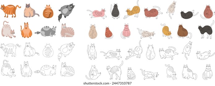 Set of cartoon cats different poses. Hand drawn illustration in doodle style isolate on white collection.