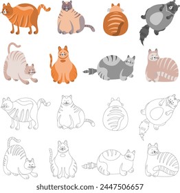 Set of cartoon cats different poses. Hand drawn illustration in doodle style isolate on white collection.