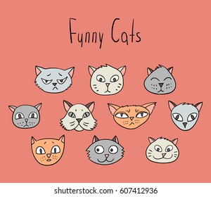 Set of cartoon cats. Funny Icons.