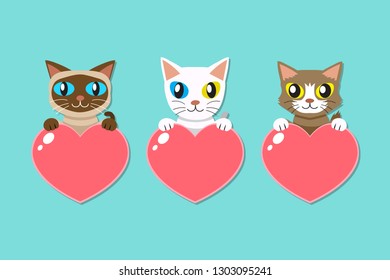 Set of cartoon cats with heart signs for design.
