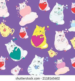 a set of cartoon cats with hearts, an excellent pattern for fabric, postcards, packaging paper