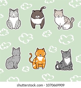 Set of cartoon cats on green background. Cat sketches with clouds.