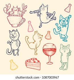 Set of cartoon cats at a party. Office, fun, wine, glass, cup about coffee, cake, dances. Colourful illustration executed manually. Vector picture of stock.