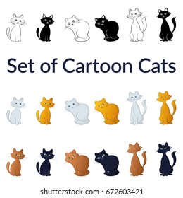 Set of Cartoon Cats, Pretty Pets, Black, White, Brown, Ginger and Also Contour and Silhouette Versions, Siting and Smiling, Isolated on White Background. Vector