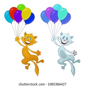 Set of Cartoon Cats, Red and White Funny Pets, Smiling and Flying with Bundle of Colorful Balloons, Isolated on White Background. Vector