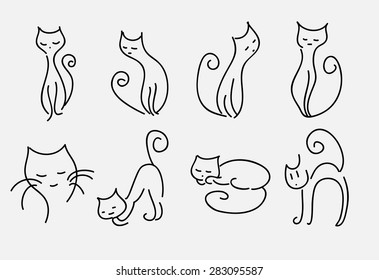 set of cartoon cats vector curved lines.