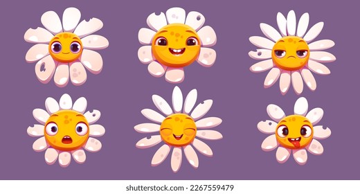 Set of cartoon chamomile characters with different emotions isolated on background. Vector illustration of funny white flowers emoji with happy, smiling, sad, unhappy, scared, surprised, crazy faces