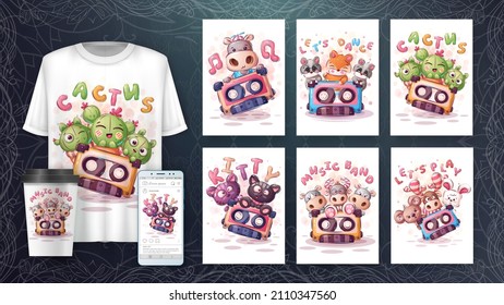 Set cartoon character animal with cassette - set five poster