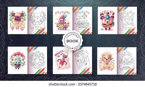 Set cartoon character animal coloring book