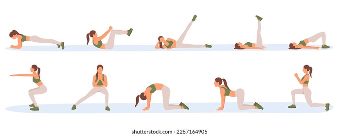 Set of cartoon character of athletic woman doing morning exercises. Lady in sportswear practicing yoga alone. Regular physical activity and healthy lifestyle. Training indoor alone. Vector