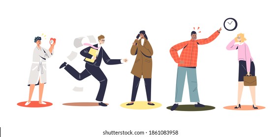 Set of cartoon character being late, in hurry or scolding for delay. Late businesspeople at home, running, blaming in office or waiting. Flat vector illustration