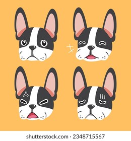 Set of cartoon character boston terrier dog faces showing different emotions for design.