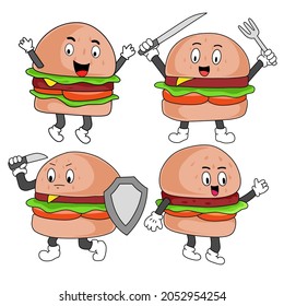 set of cartoon character burger illustrations with various styles. suitable for stickers, cafe wall decorations and so on