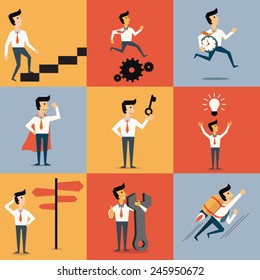 Set of cartoon character of businessman with object in many business concept. Abstract illustration, flat design.  