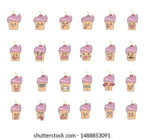 Set of cartoon character cake with various expressions emotions. Vector illustration on white background.
