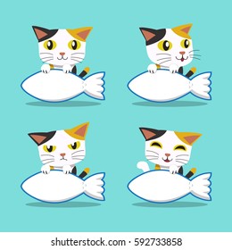 Set of Cartoon character cat with big fish sign