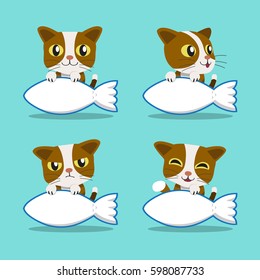 Set of Cartoon character cat with big fish sign