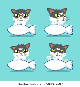 Set of cartoon character cat with fish sign