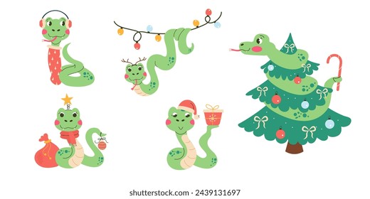 Set cartoon character christmas snake hand drawn