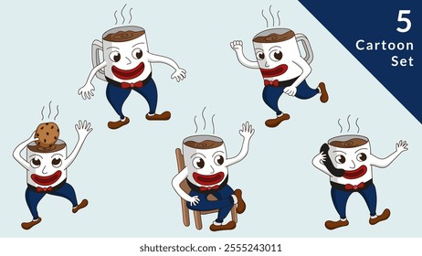 Set of Cartoon Character Coffee Mugs Various Poses. Vector Illustration Isolated.