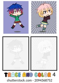 set of cartoon character coloring pages ,Trace and color, Chibi girl , kids Collection of 2 illustrations. Coloring book. vector Illustration for children 4