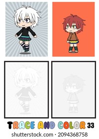set of cartoon character coloring pages ,Trace and color, Chibi girl , kids Collection of 2 illustrations. Coloring book. vector Illustration for children 33