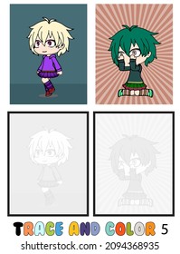 set of cartoon character coloring pages ,Trace and color, Chibi girl , kids Collection of 2 illustrations. Coloring book. vector Illustration for children 5
