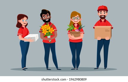 Set of cartoon character couriers, delivery people with orders isolated on background. Food, box, package, flowers delivery