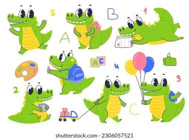 Set of cartoon character crocodile schoolboy. Crocodile baby goes to kindergarten